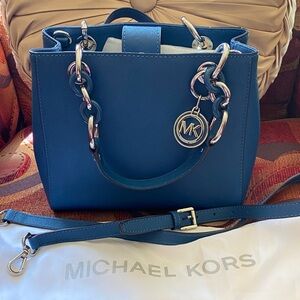 Michael Kors Blue Saffiano Satchel with Chain-Link Handles